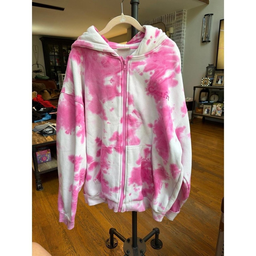 Comfrt "Minimalist Zip Hoodie" Strawberry Swirl pink tie-dye pattern XL